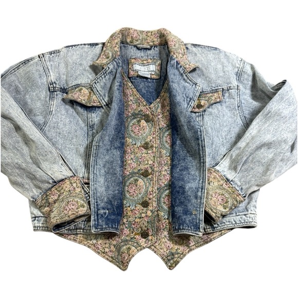 Vintage S.B.II Acid Wash Denim Jacket Floral Trim Cropped 80s 90s RARE! Size‎ M - Picture 5 of 8